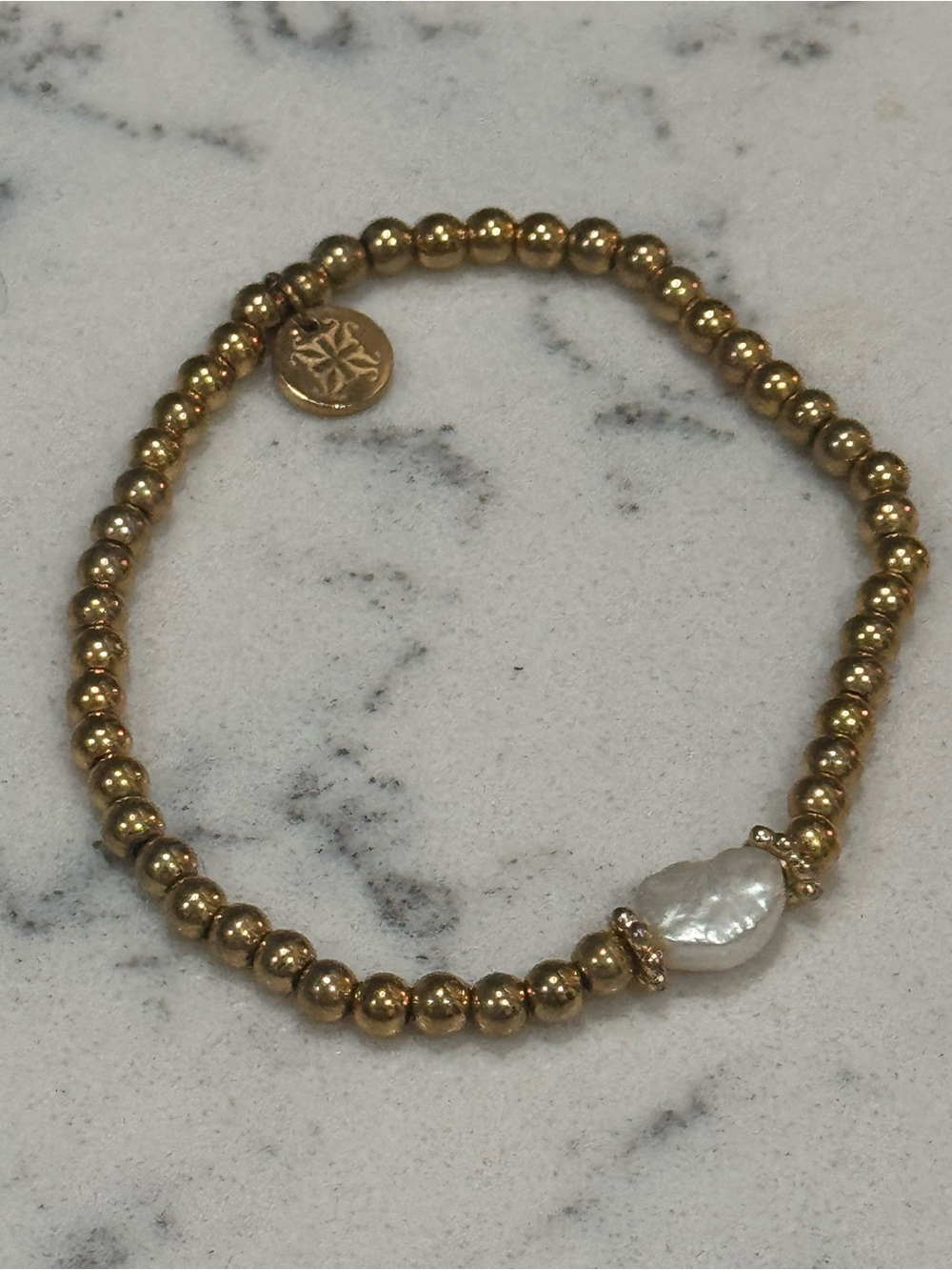 Rustic Cuff Gold Beaded Bracelet with White Baroque Pearl Accent